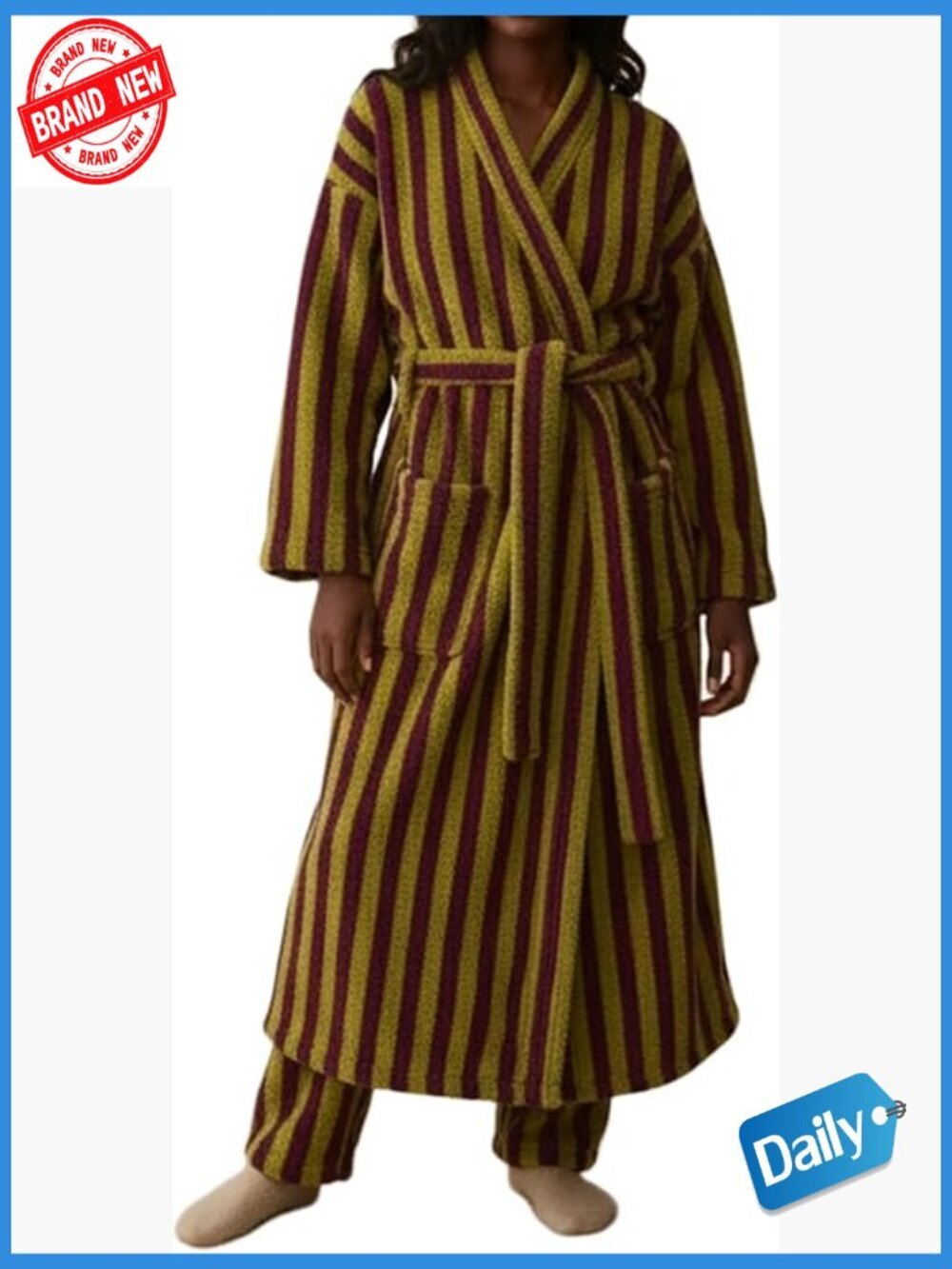 Women's Plush Fleece Robe Piped Striped Kimono Loungewear with Pockets